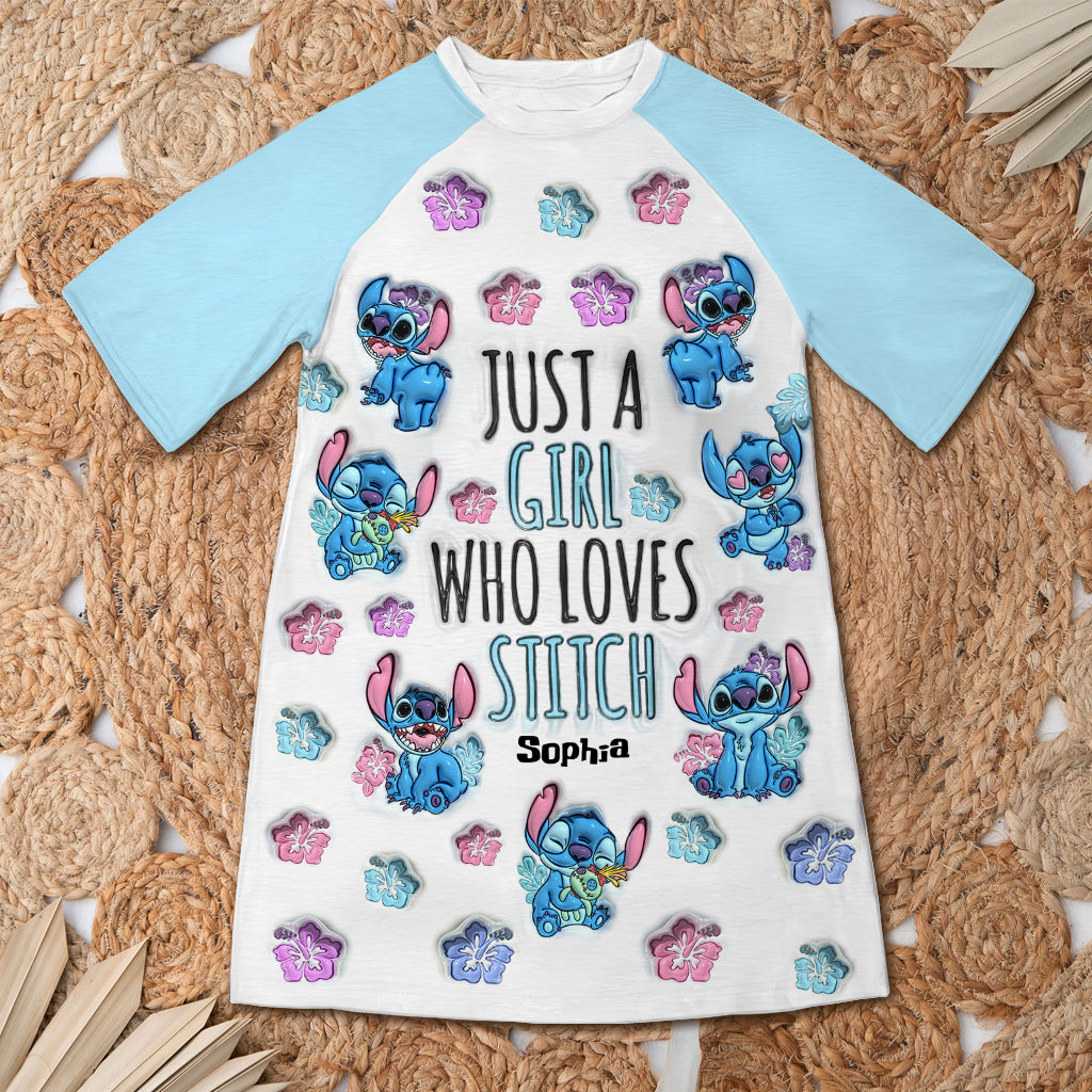Just A Girl Who Loves Stitch - Personalized Ohana Sleep T-shirt Dress