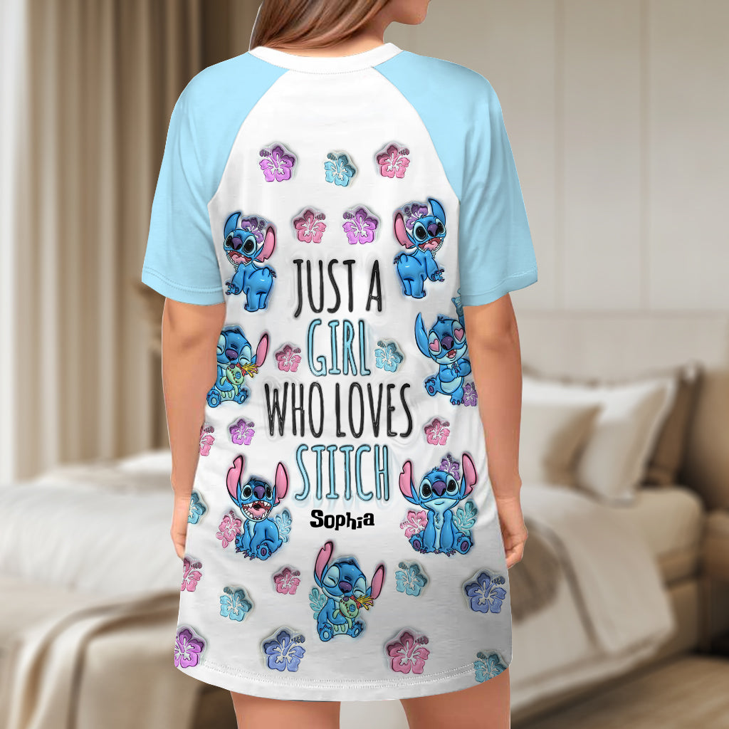 Just A Girl Who Loves Stitch - Personalized Ohana Sleep T-shirt Dress
