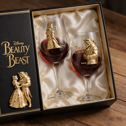 Fairy Tale Romantic Tale As Old As Time - Personalized Beauty And The Beast Wine Glasses Set With Wooden Box