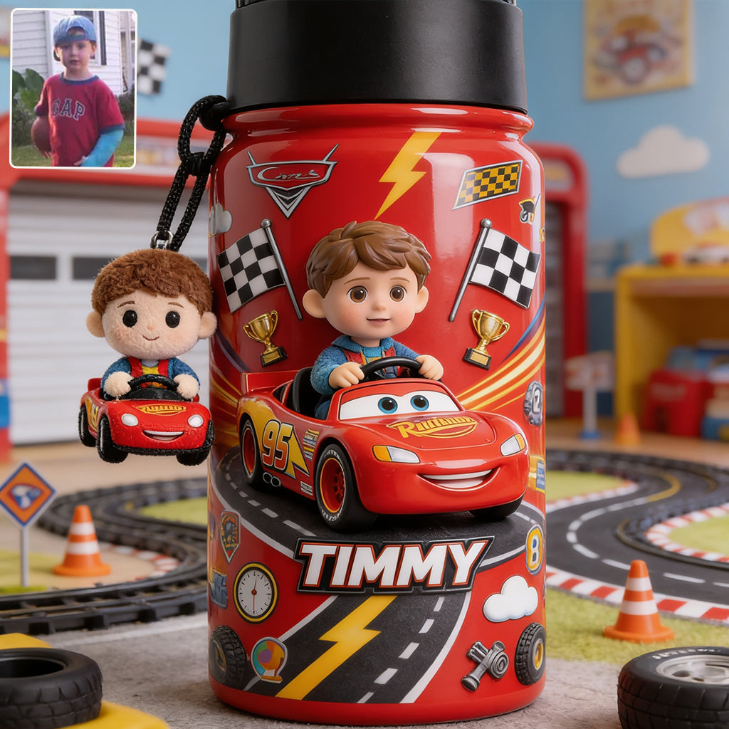 Kid On Wheel - Personalized Racing Lover Kid Bottle With Plush Charm