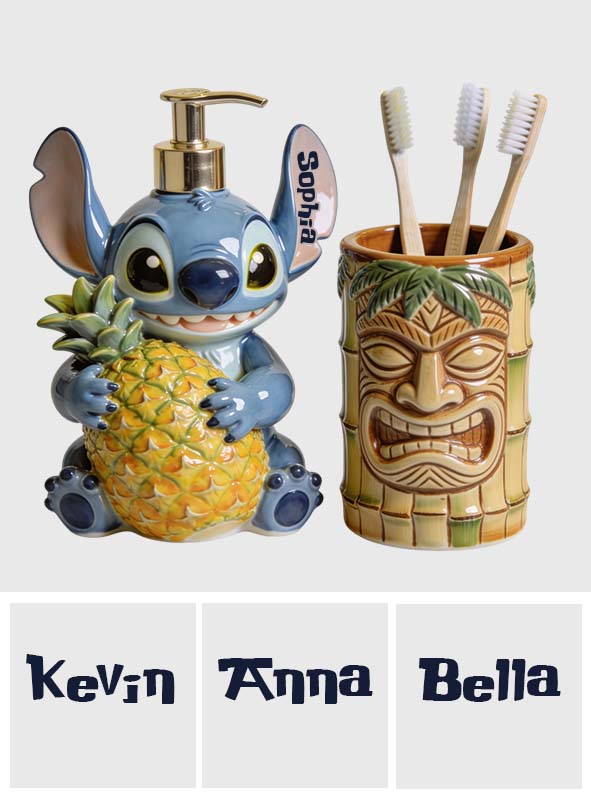 Bathroom Cute Blue Alien Set Soap Dispenser & Toothbrush Holder - Personalized Ohana Acrylic Pot & Pump Dispenser