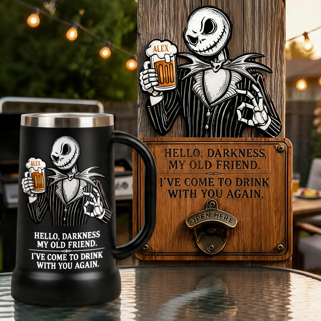 Hello Darkness My Old Friend Nightmare Beer Lovers - Personalized Nightmare Beer Stein & Wall Bottle Opener