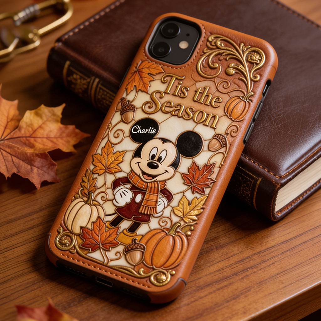 Autumn Cartoon Character - Personalized Mouse 3D Embossed Leather Phone Case