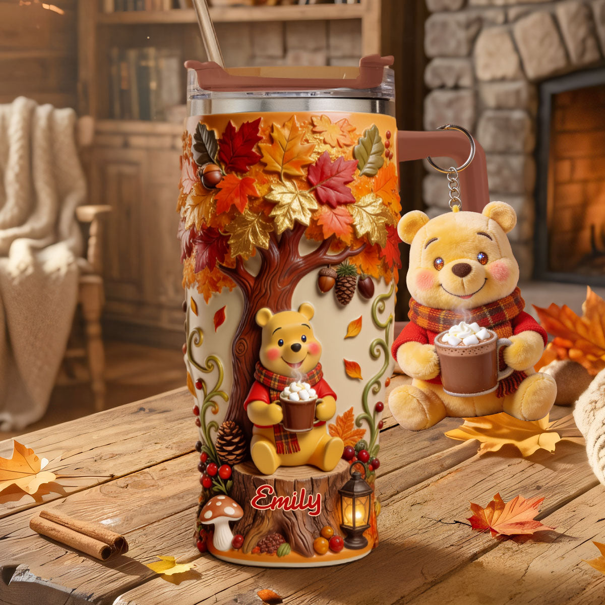 Fall Vibes - Personalized Yellow Bear Tumbler With Plush Charm
