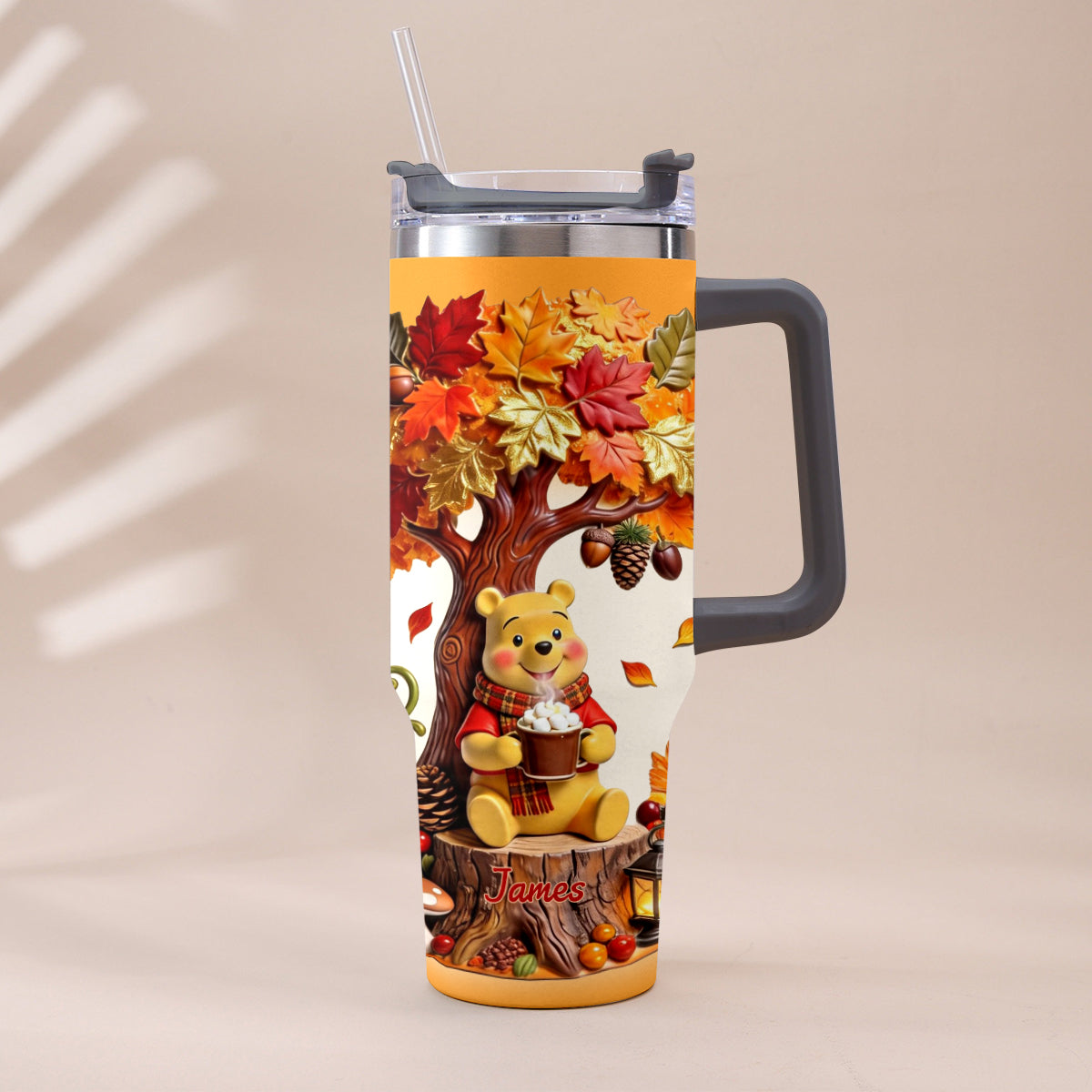 Fall Vibes - Personalized Yellow Bear Tumbler With Plush Charm