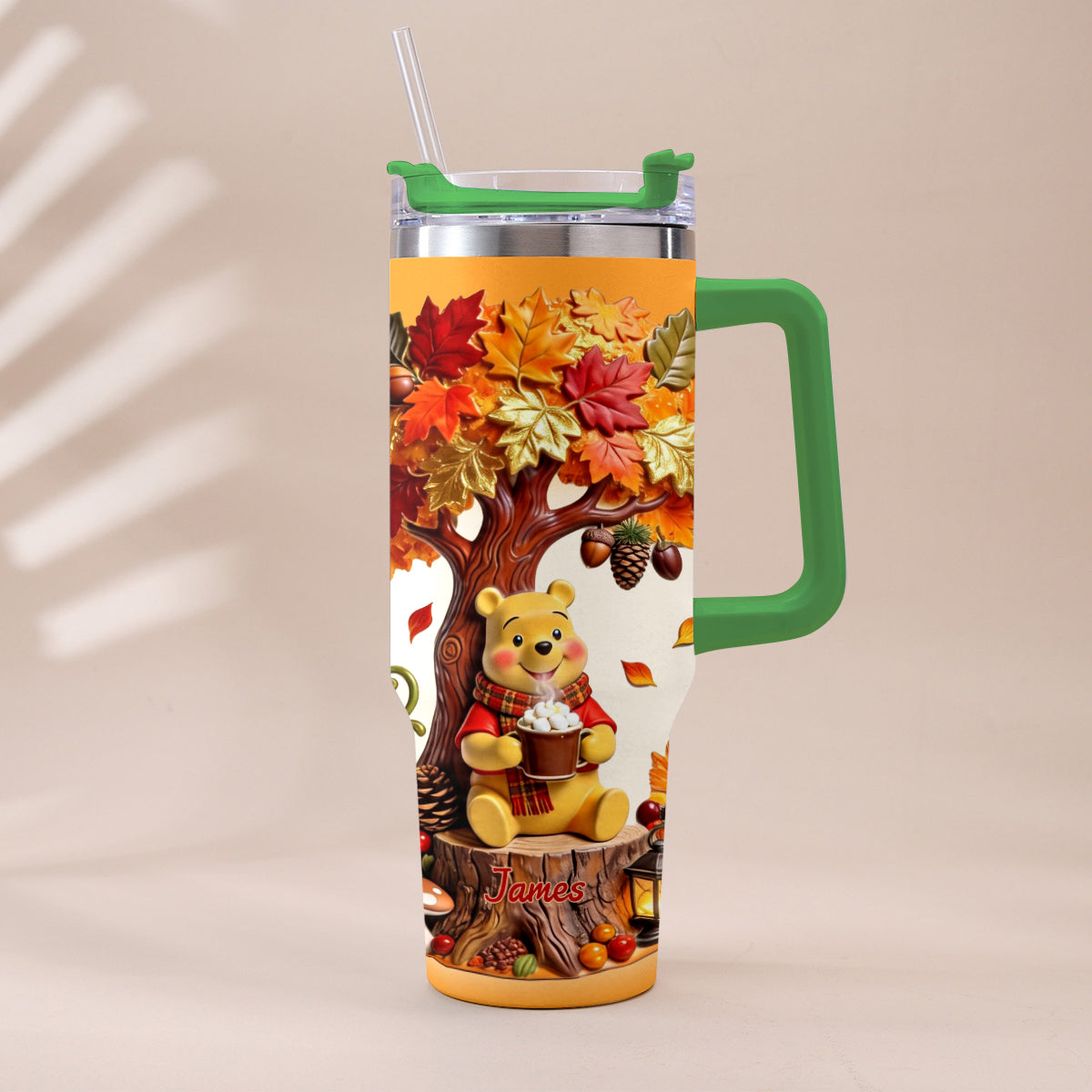 Fall Vibes - Personalized Yellow Bear Tumbler With Plush Charm