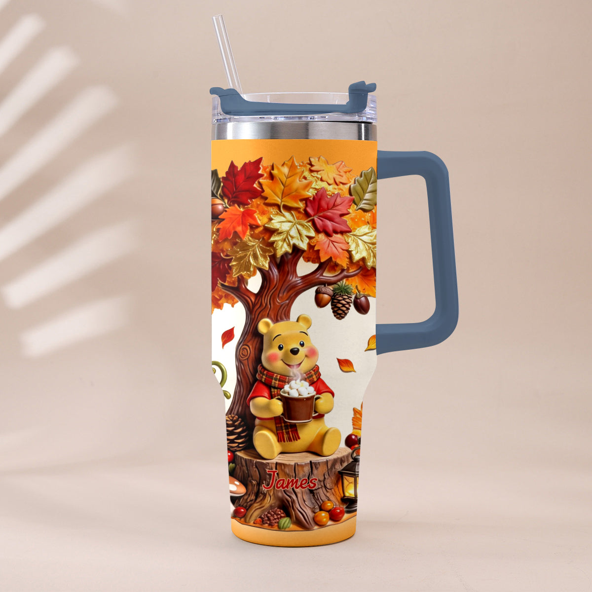 Fall Vibes - Personalized Yellow Bear Tumbler With Plush Charm