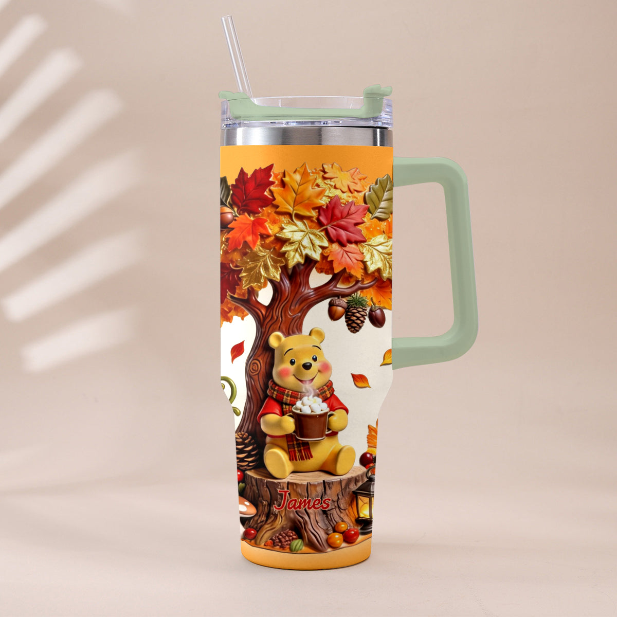 Fall Vibes - Personalized Yellow Bear Tumbler With Plush Charm