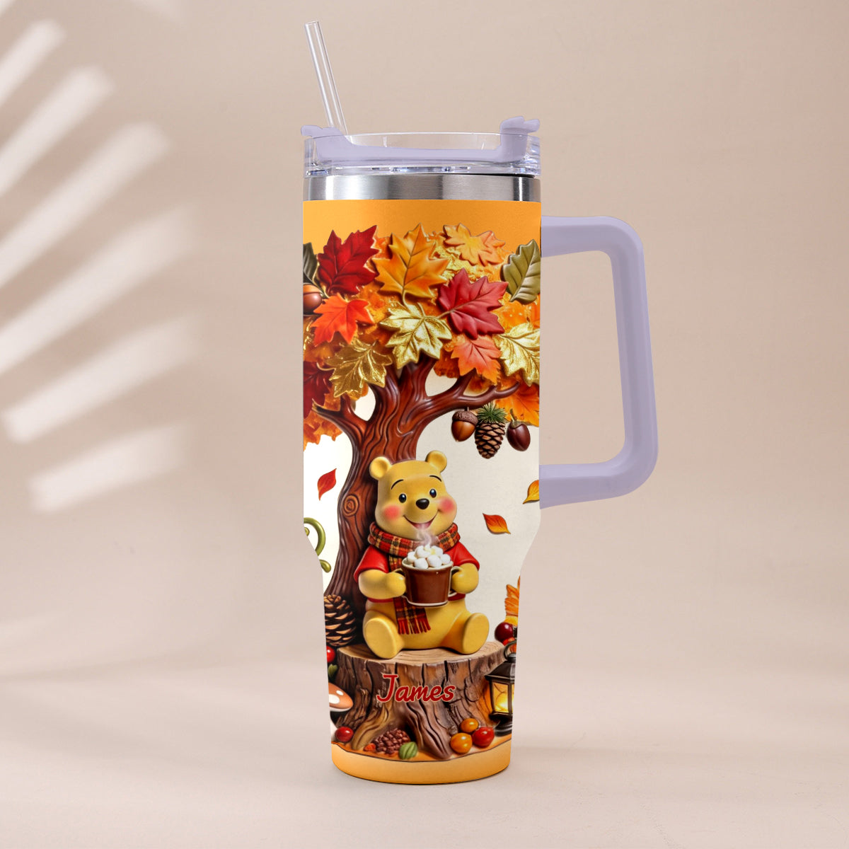 Fall Vibes - Personalized Yellow Bear Tumbler With Plush Charm