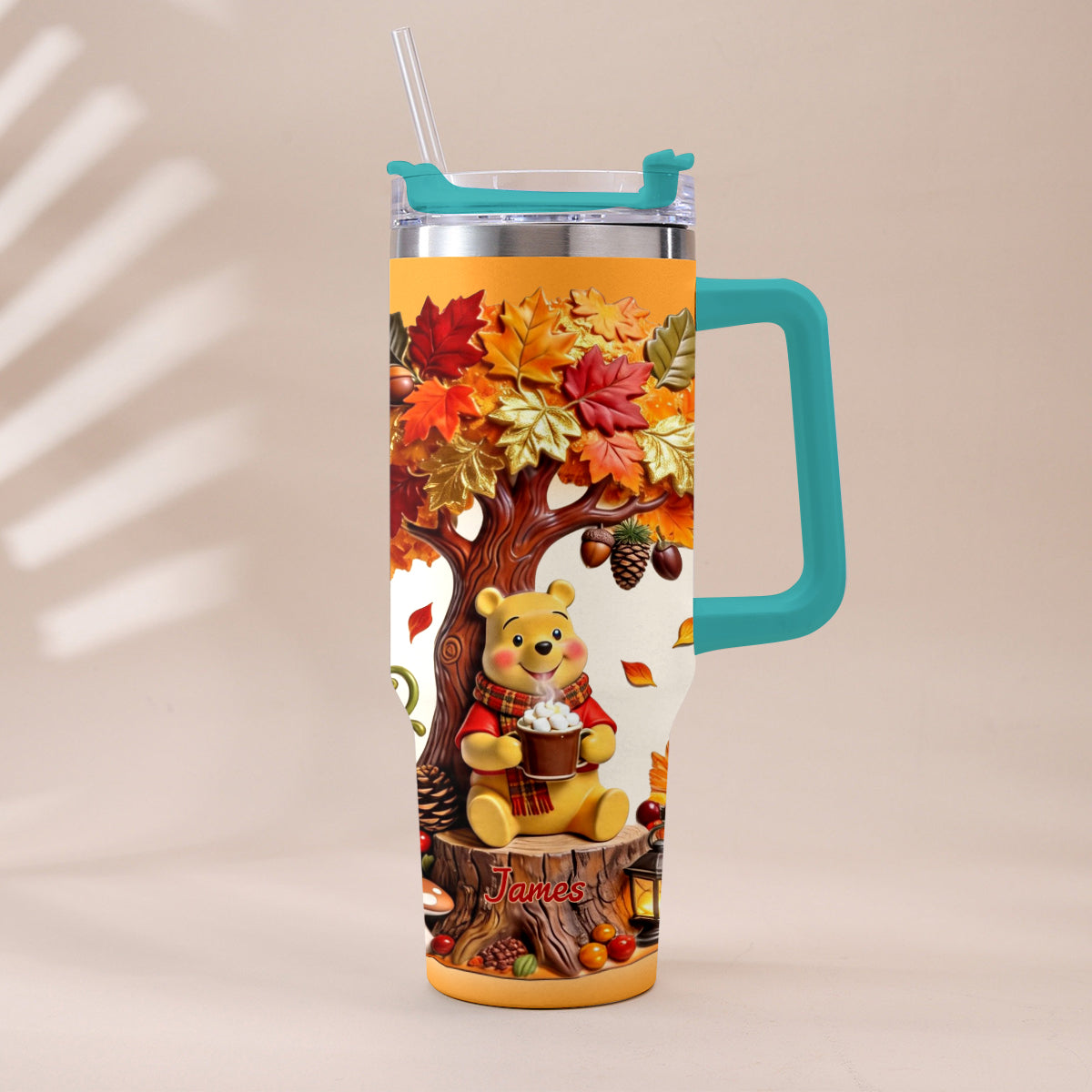 Fall Vibes - Personalized Yellow Bear Tumbler With Plush Charm