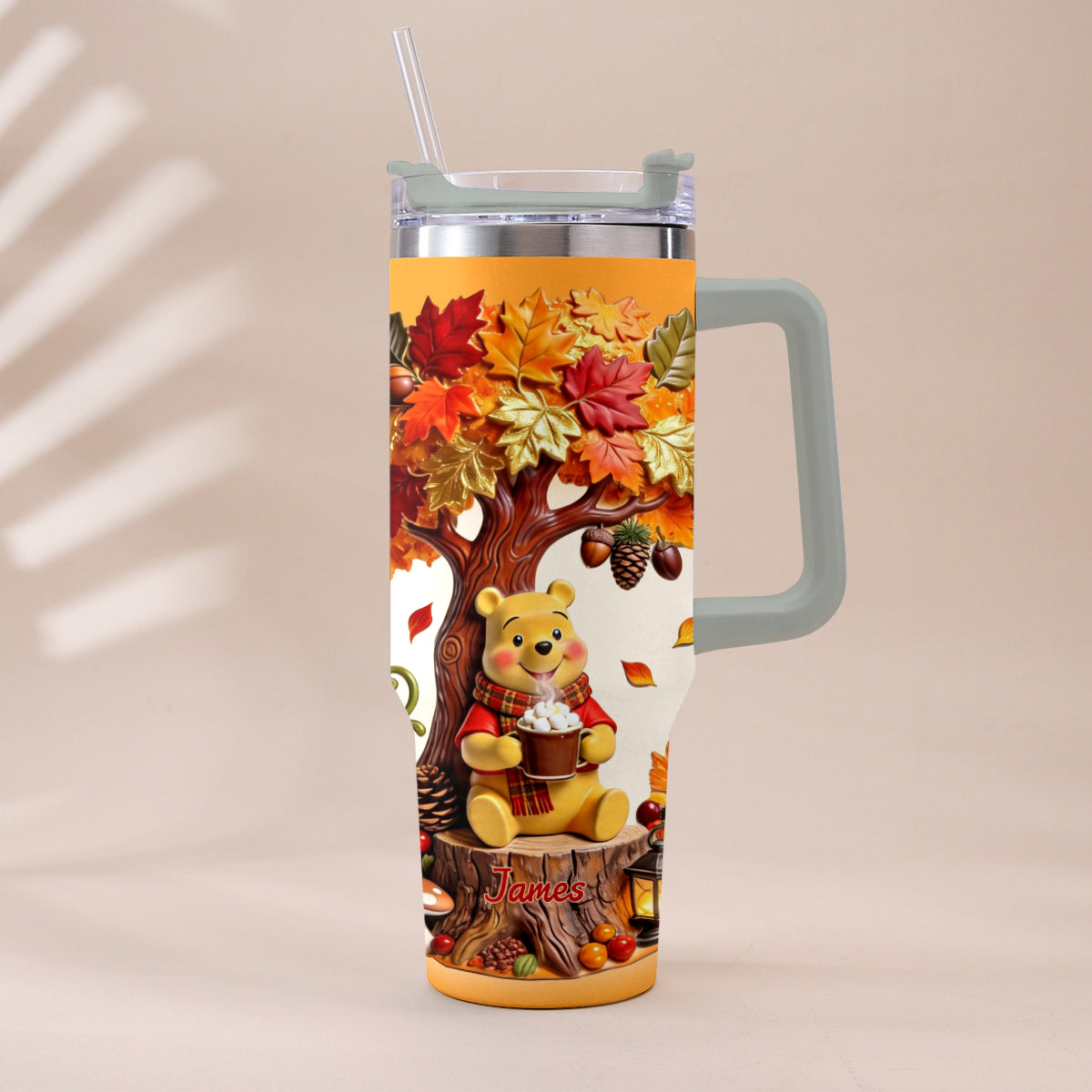 Fall Vibes - Personalized Yellow Bear Tumbler With Plush Charm