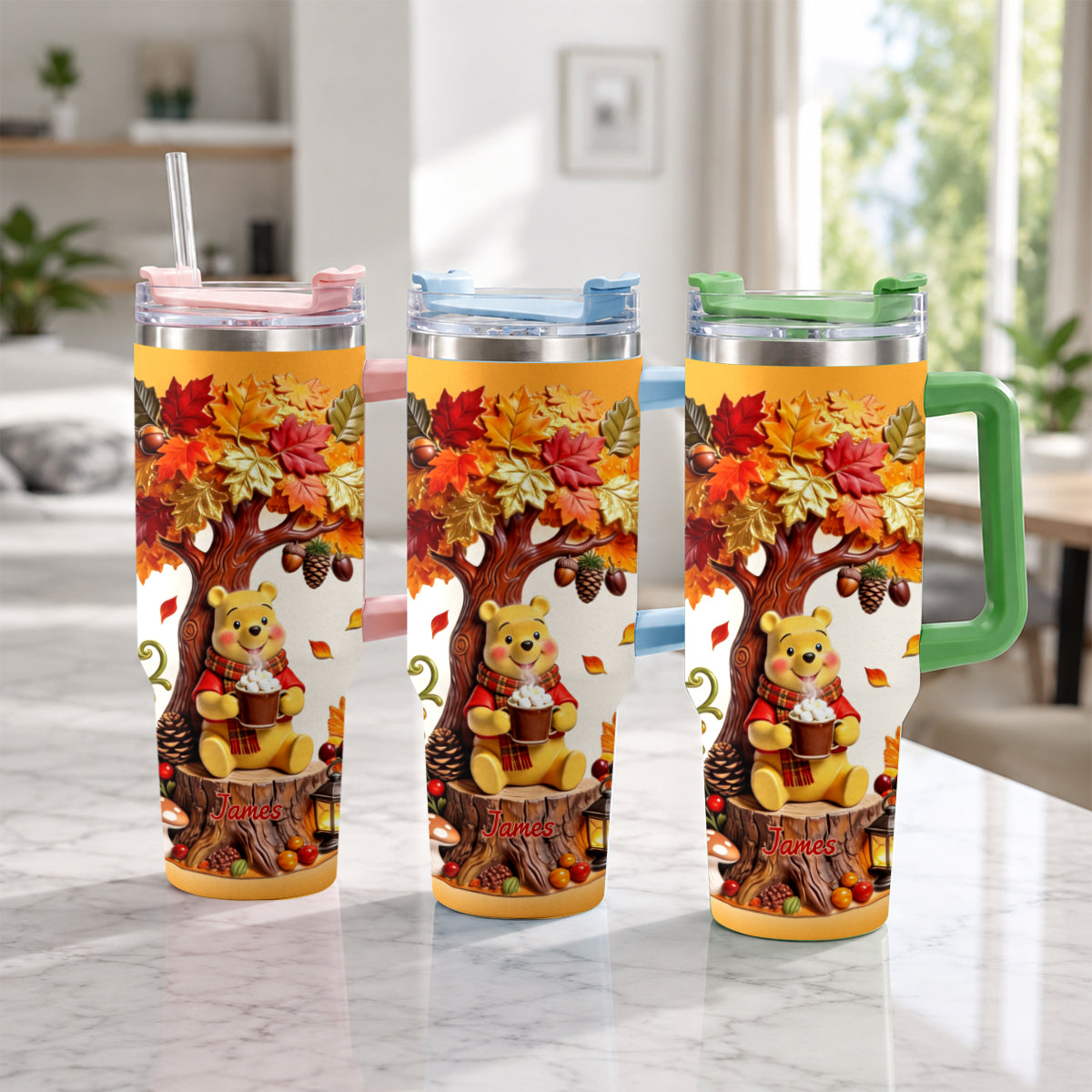 Fall Vibes - Personalized Yellow Bear Tumbler With Plush Charm