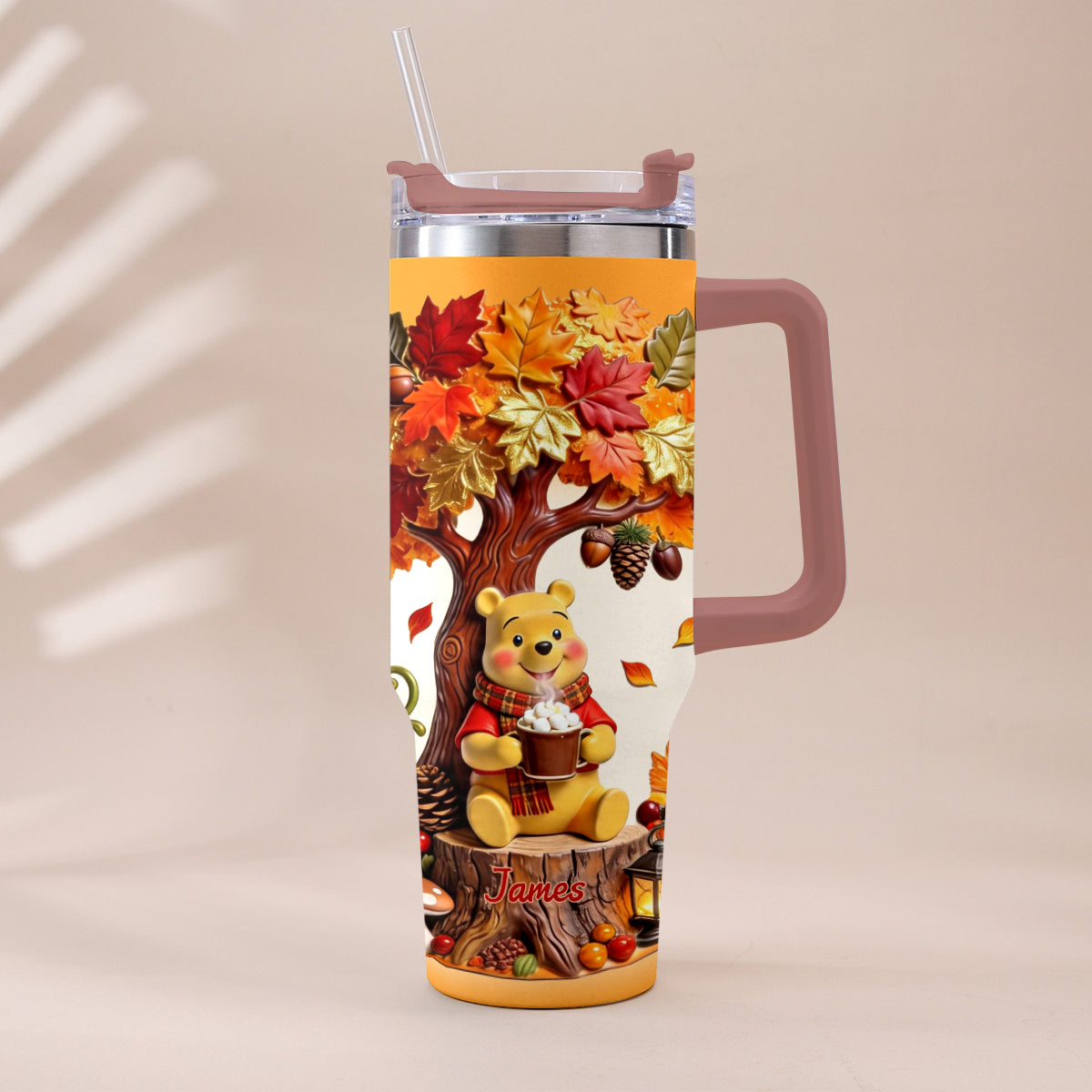Fall Vibes - Personalized Yellow Bear Tumbler With Plush Charm