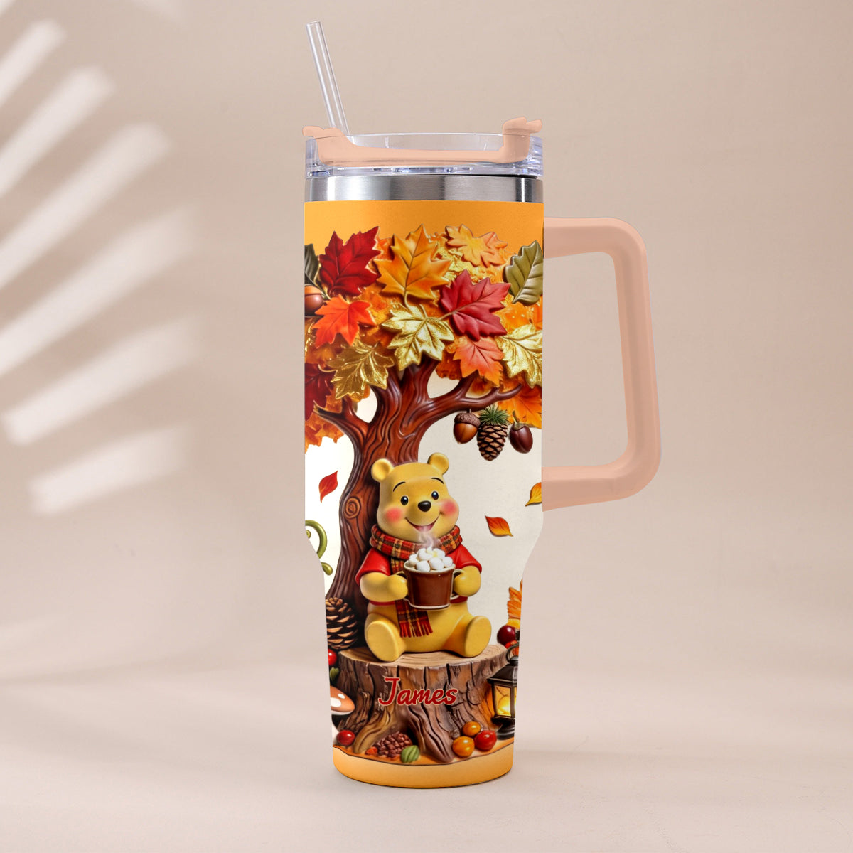 Fall Vibes - Personalized Yellow Bear Tumbler With Plush Charm