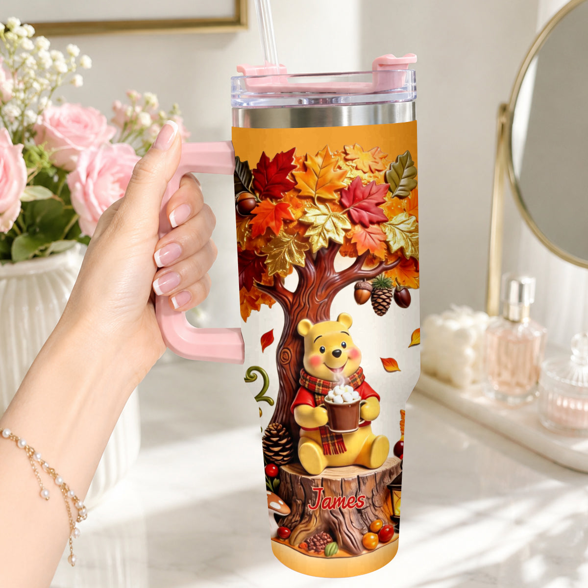 Fall Vibes - Personalized Yellow Bear Tumbler With Plush Charm