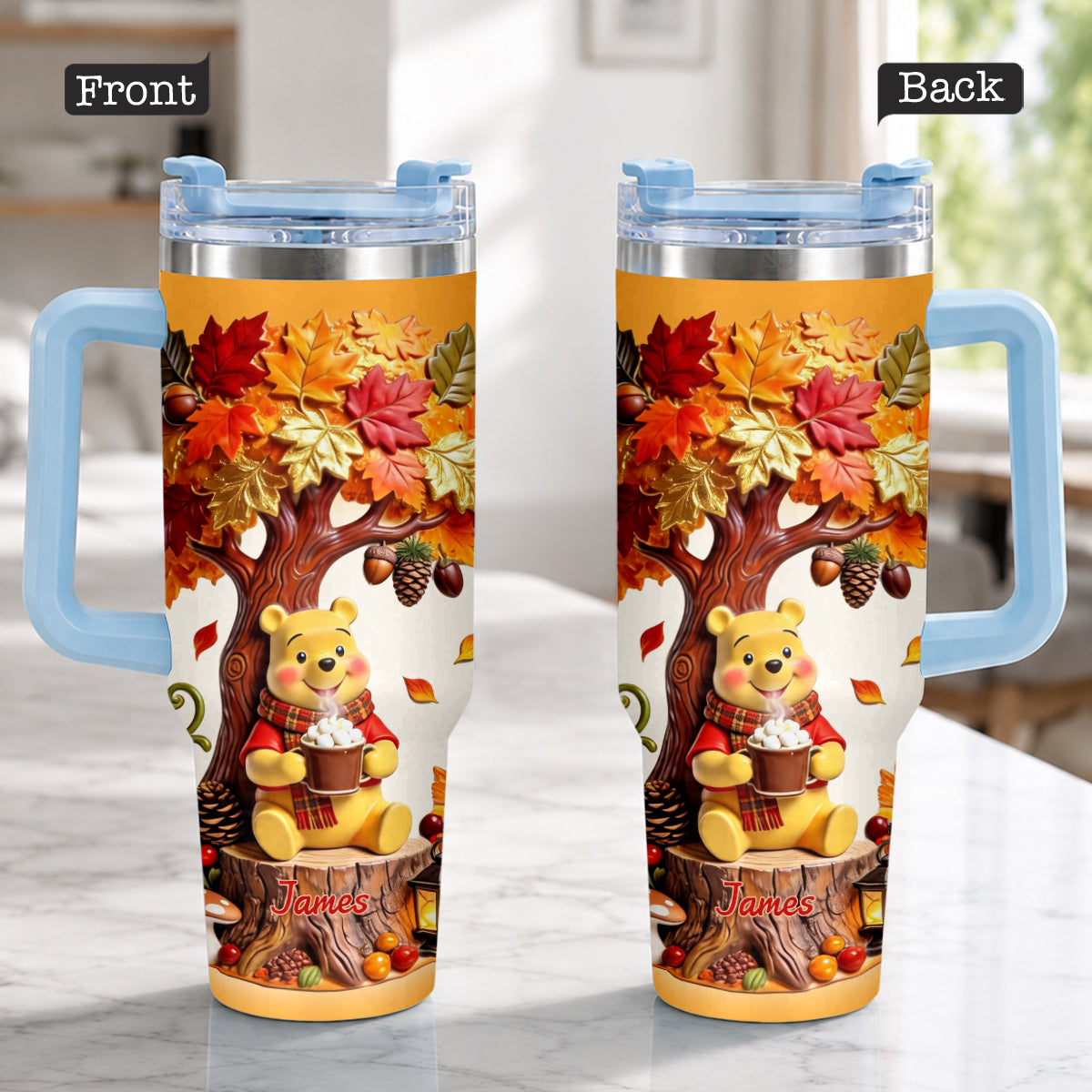 Fall Vibes - Personalized Yellow Bear Tumbler With Plush Charm