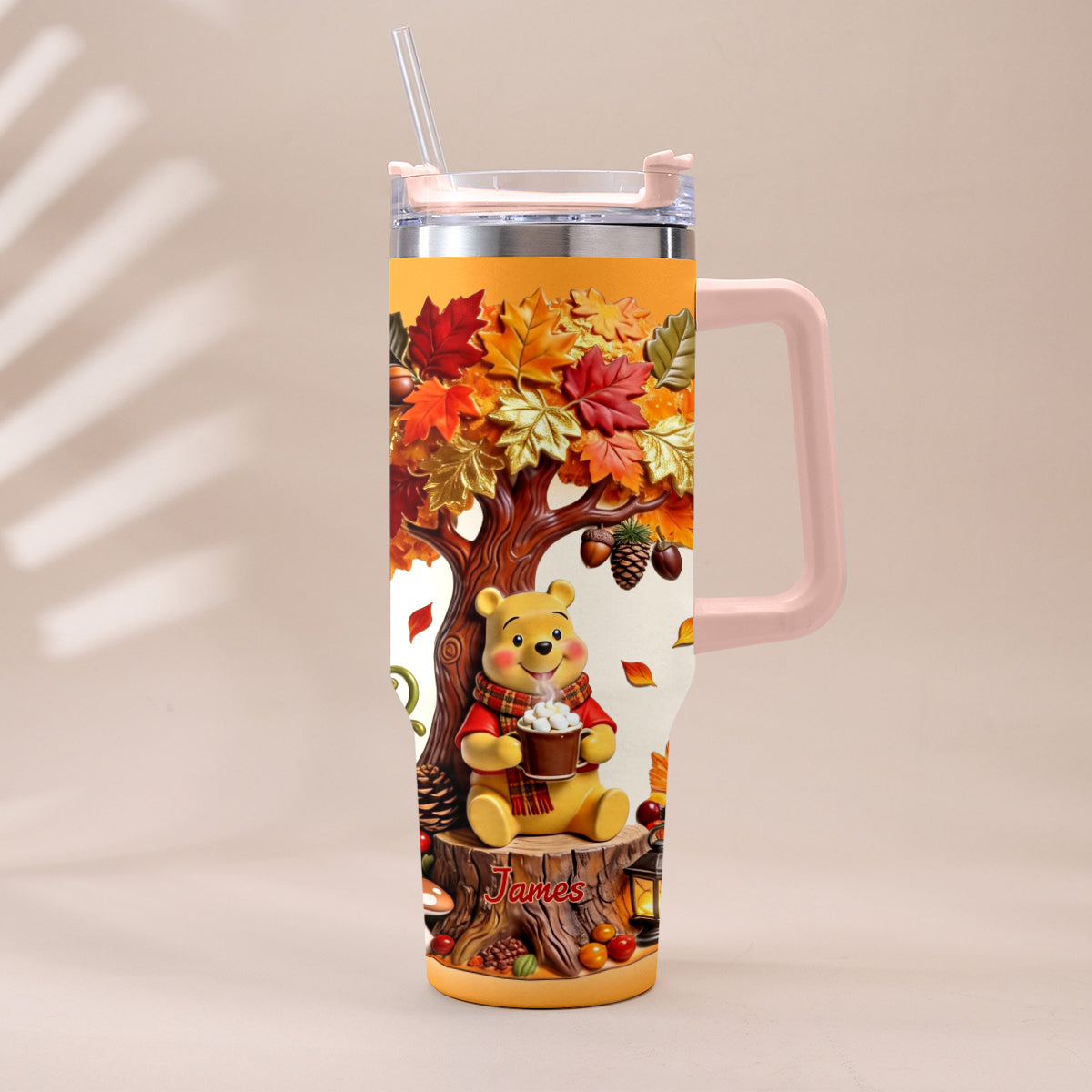 Fall Vibes - Personalized Yellow Bear Tumbler With Plush Charm