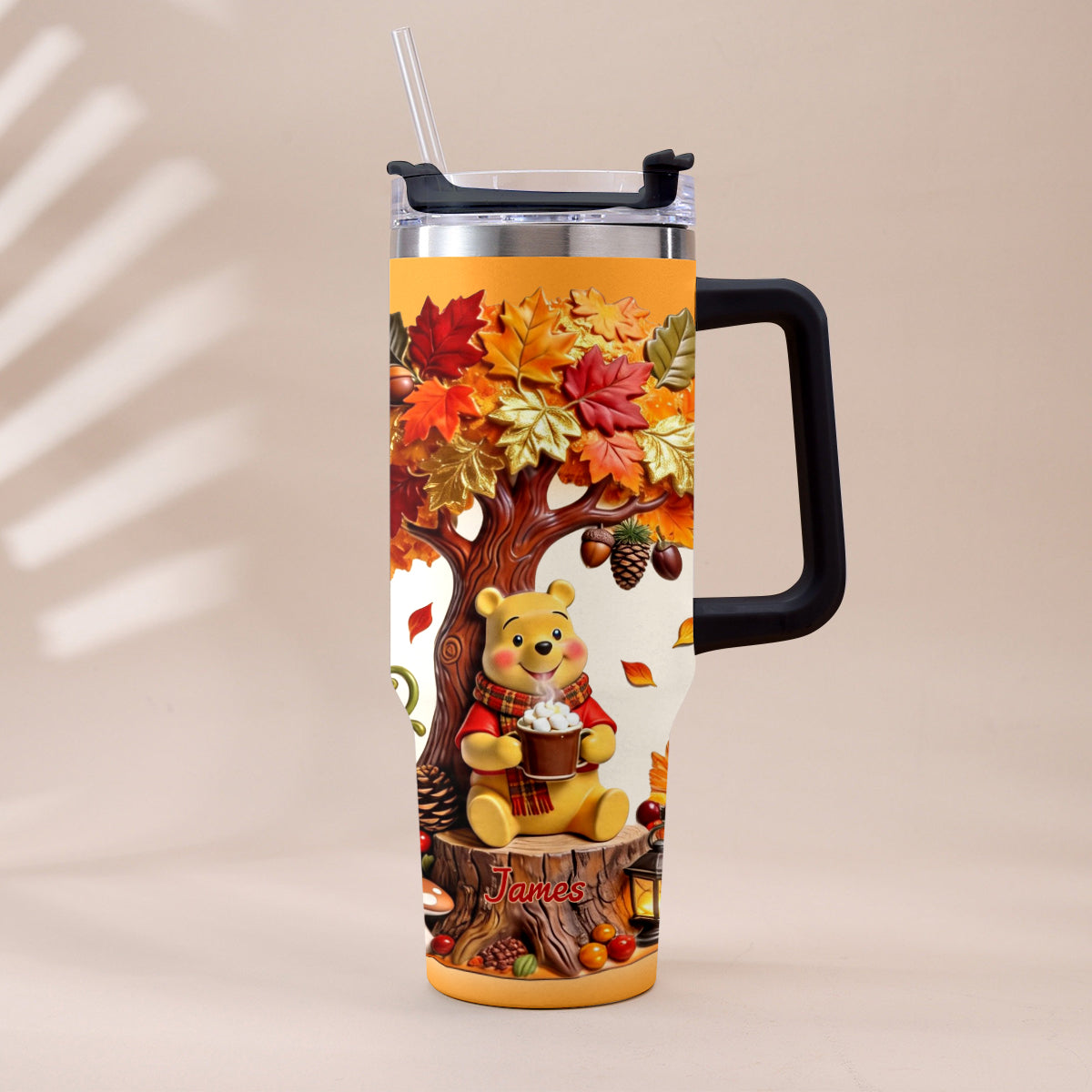 Fall Vibes - Personalized Yellow Bear Tumbler With Plush Charm