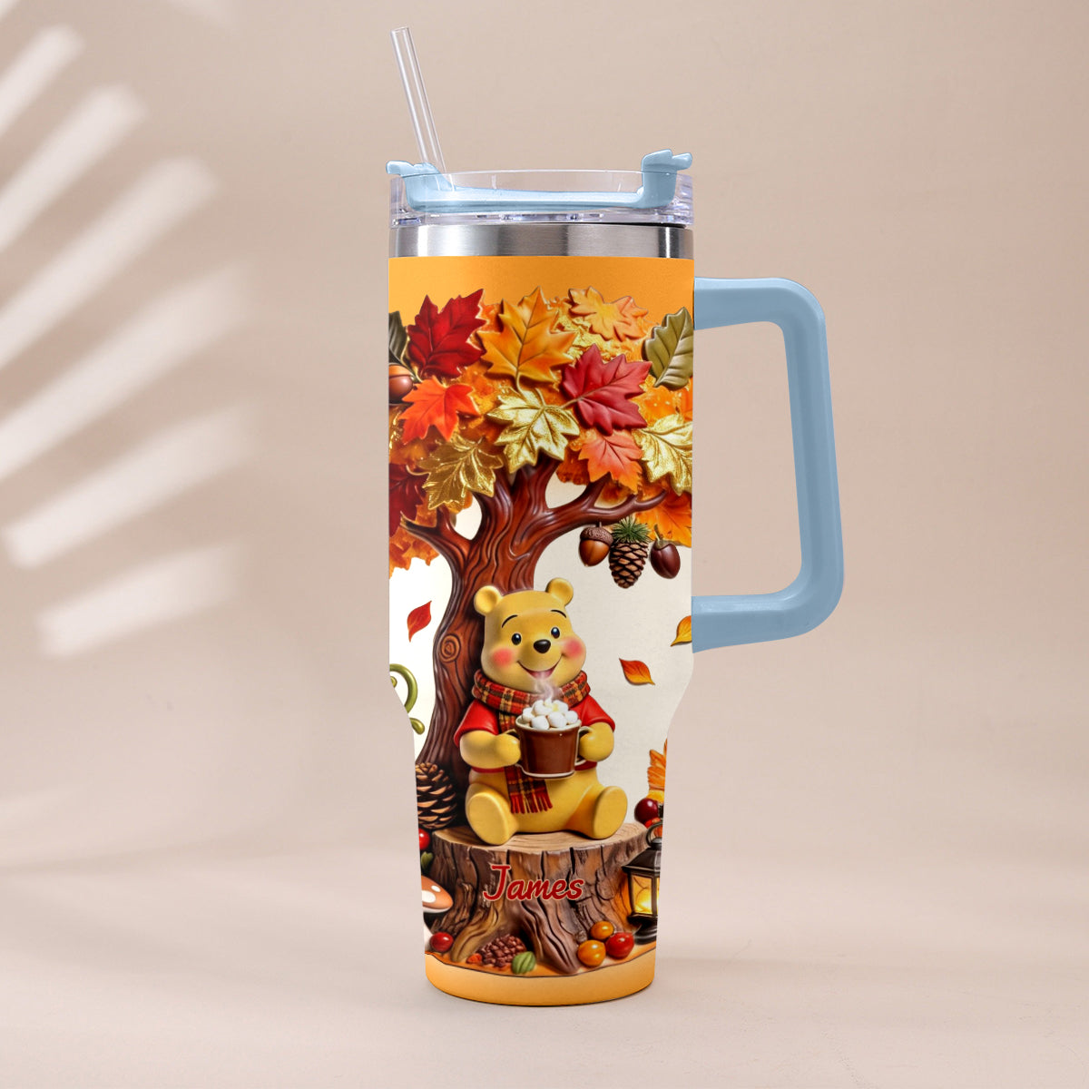 Fall Vibes - Personalized Yellow Bear Tumbler With Plush Charm