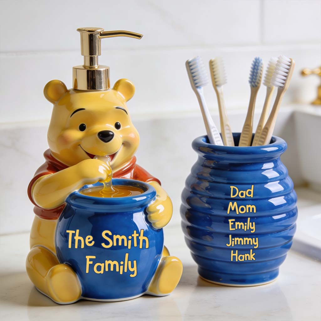 Bathroom Honey Bear Set Soap Dispenser & Toothbrush Holder - Personalized Yellow Bear Acrylic Pot & Pump Dispenser