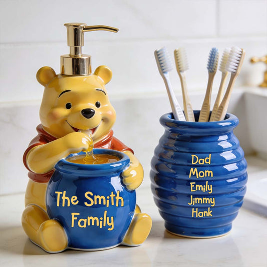 Bathroom Honey Bear Set Soap Dispenser & Toothbrush Holder - Personalized Yellow Bear Acrylic Pot & Pump Dispenser
