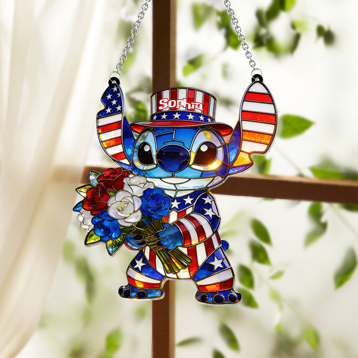 American Patriotic Alien Holding Flowers - Personalized Ohana Window Hanging Suncatcher Ornament