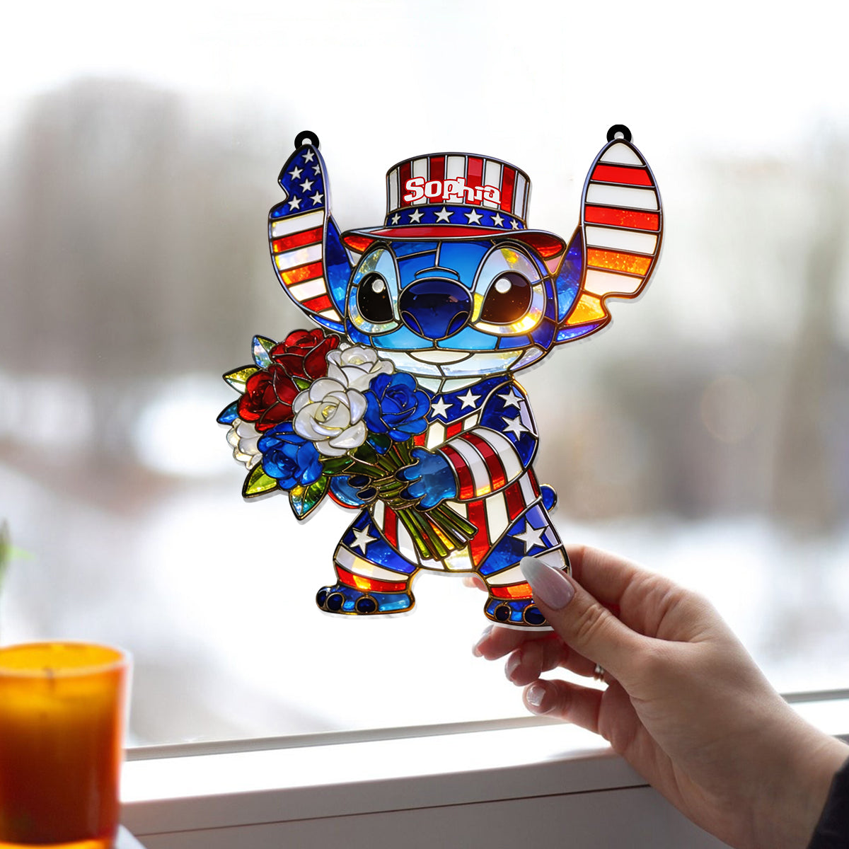 American Patriotic Alien Holding Flowers - Personalized Ohana Window Hanging Suncatcher Ornament