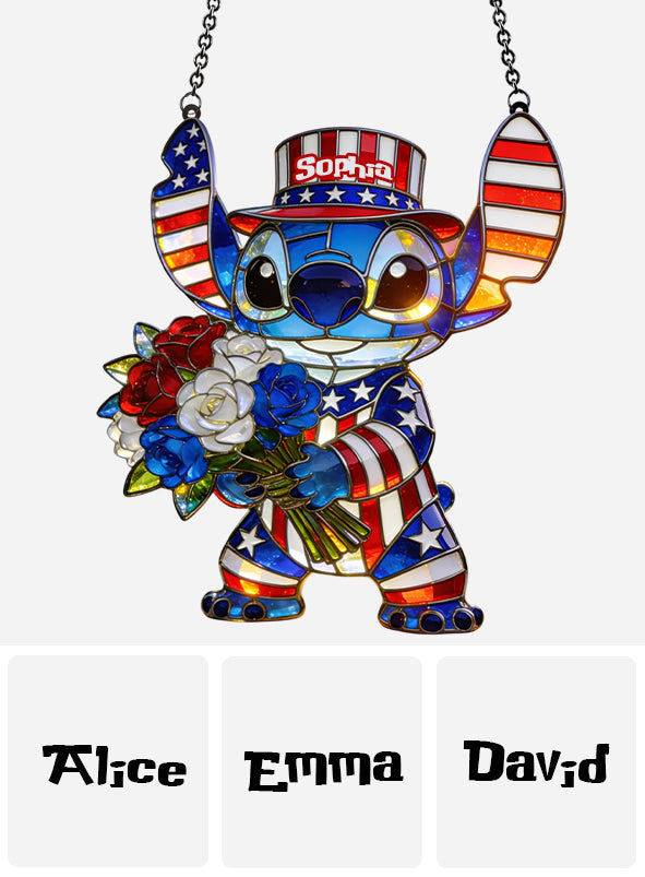 American Patriotic Alien Holding Flowers - Personalized Ohana Window Hanging Suncatcher Ornament