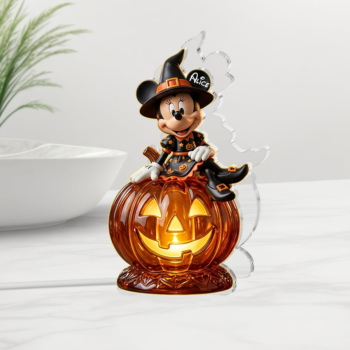 Pumpkin And Witch Cover Cartoon Character - Personalized Mouse Acrylic LED Night Light