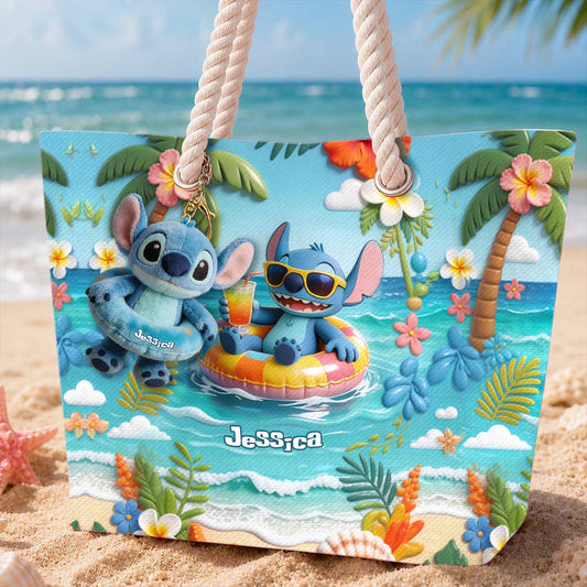 Blue Monster Summer Vibes - Personalized Ohana Beach Bag With Plush Charm