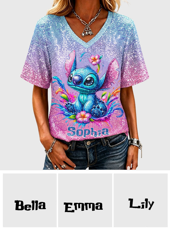 Blue Monster - Personalized Ohana Fully Printed V-Neck T-Shirt