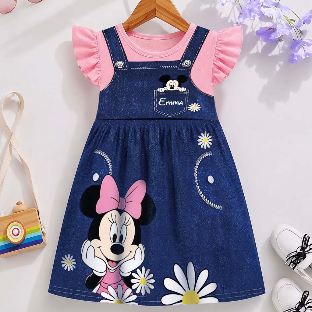 Girls' Digital Print Dress - Personalized Mouse Kid Ruffle Sleeve Dress