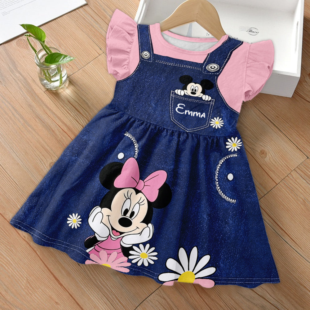 Girls' Digital Print Dress - Personalized Mouse Kid Ruffle Sleeve Dress