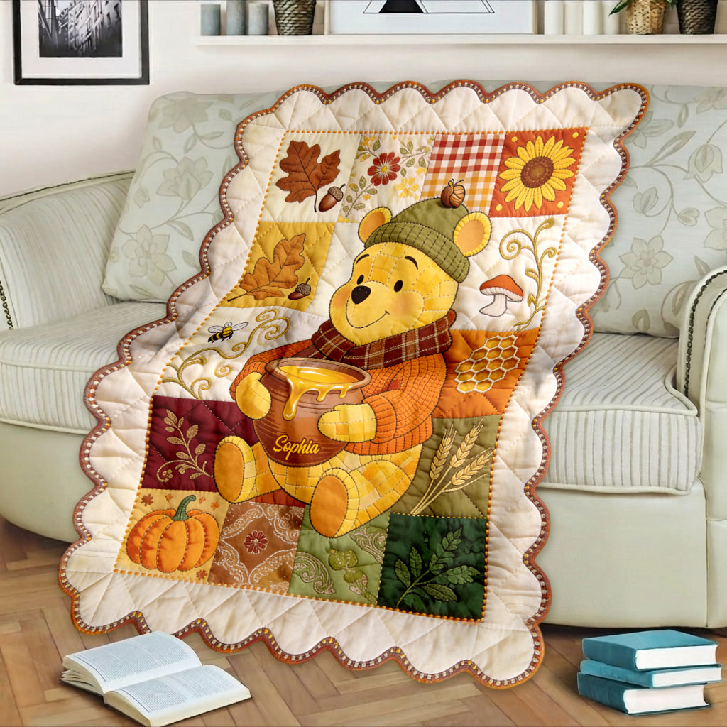 Honey, Leaves & Happy Hearts - Personalized Yellow Bear Shaped Fleece Blanket