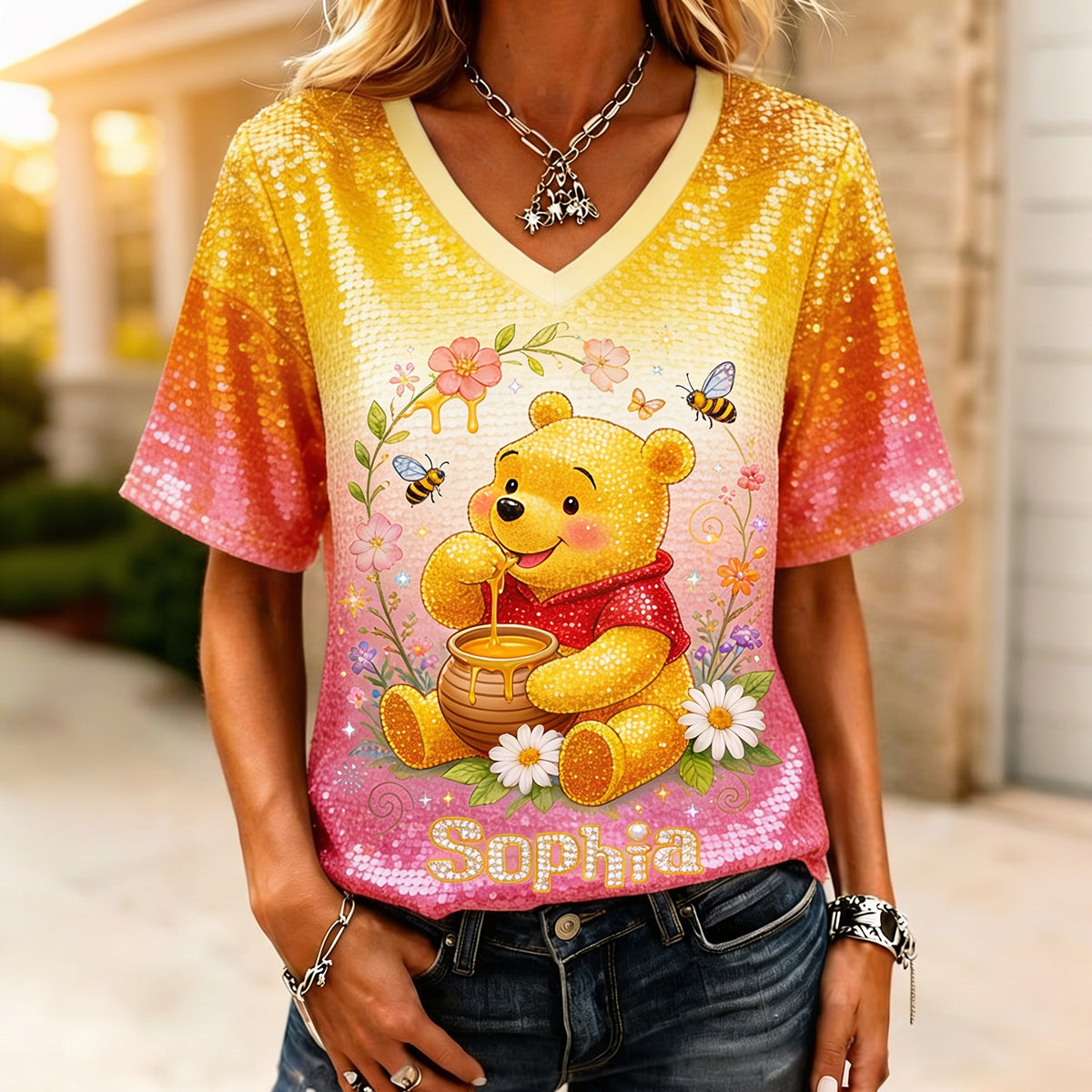 Honey Bear Sequins Style - Personalized Yellow Bear Fully Printed V-Neck T-Shirt