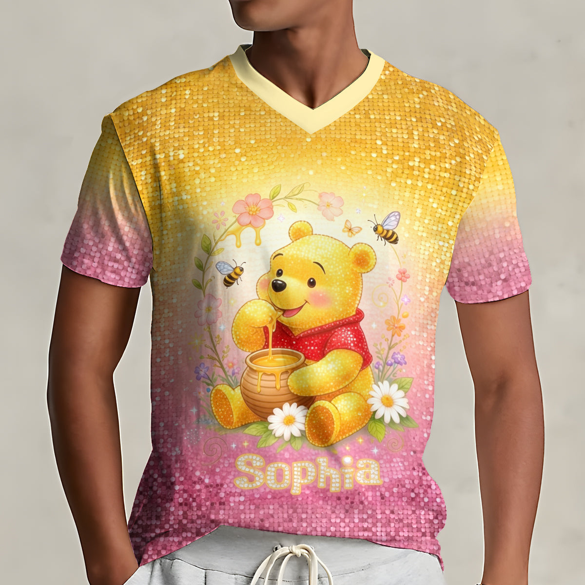 Honey Bear Sequins Style - Personalized Yellow Bear Fully Printed V-Neck T-Shirt