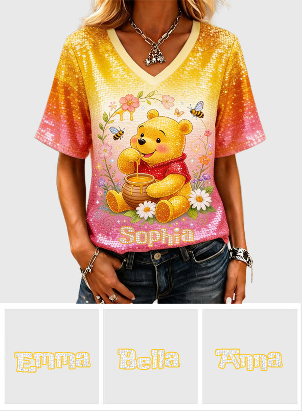 Honey Bear Sequins Style - Personalized Yellow Bear Fully Printed V-Neck T-Shirt
