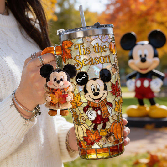Autumn Cartoon Mouse Character - Personalized Mouse Tumbler With Plush Charm