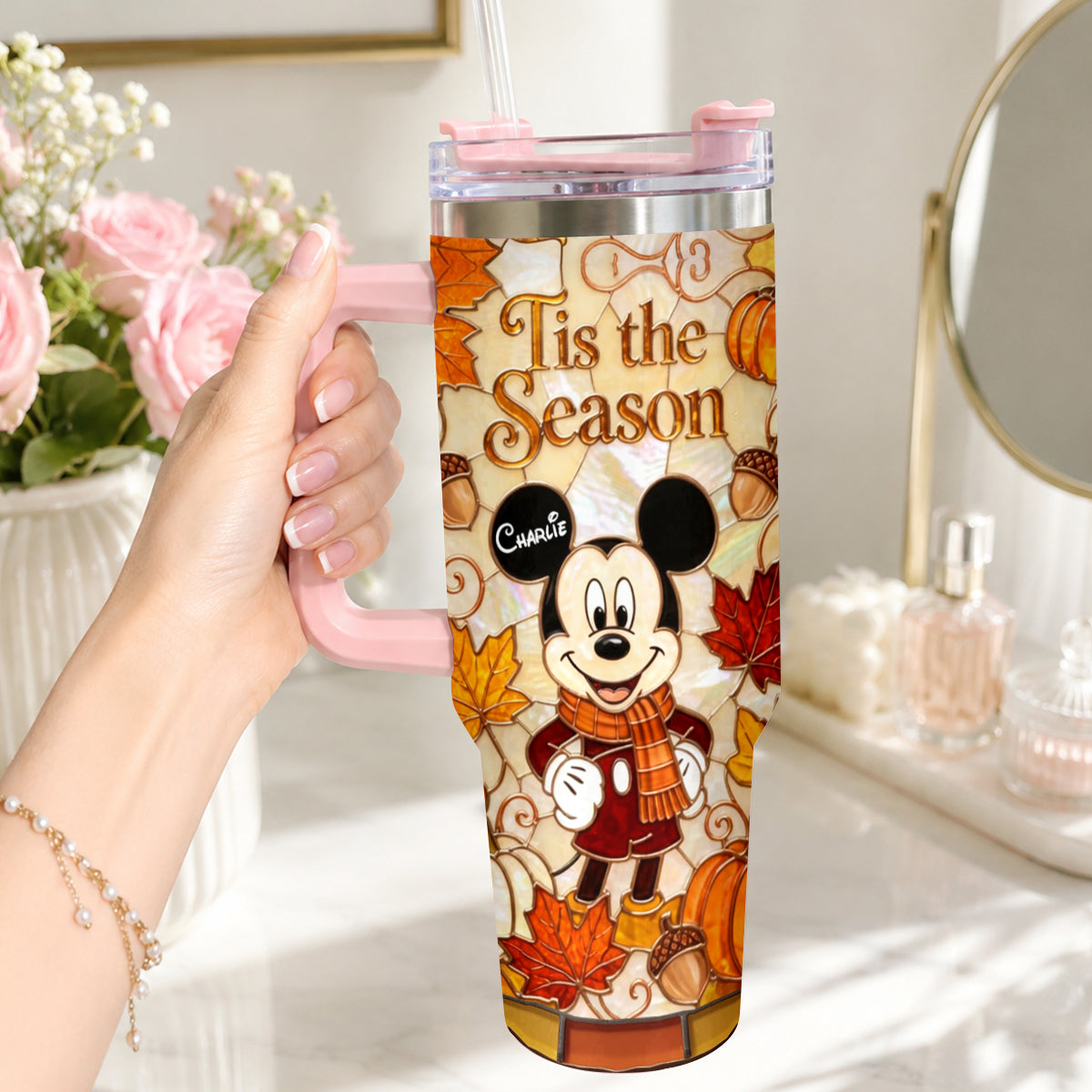 Autumn Cartoon Mouse Character - Personalized Mouse Tumbler With Plush Charm