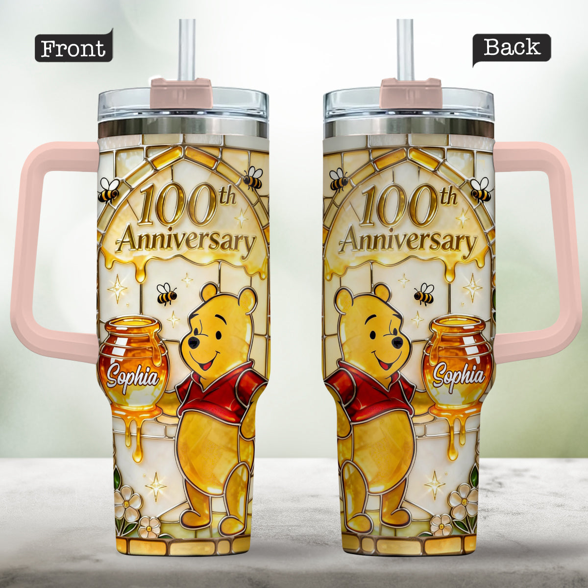 Honey Bear 100th Anniversary - Personalized Yellow Bear Tumbler With Handle