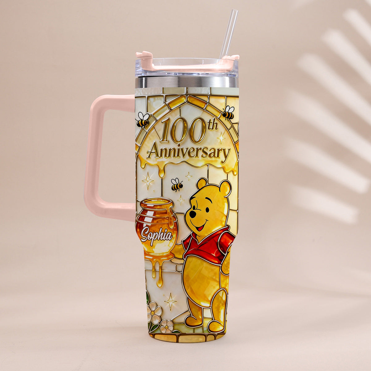Honey Bear 100th Anniversary - Personalized Yellow Bear Tumbler With Handle