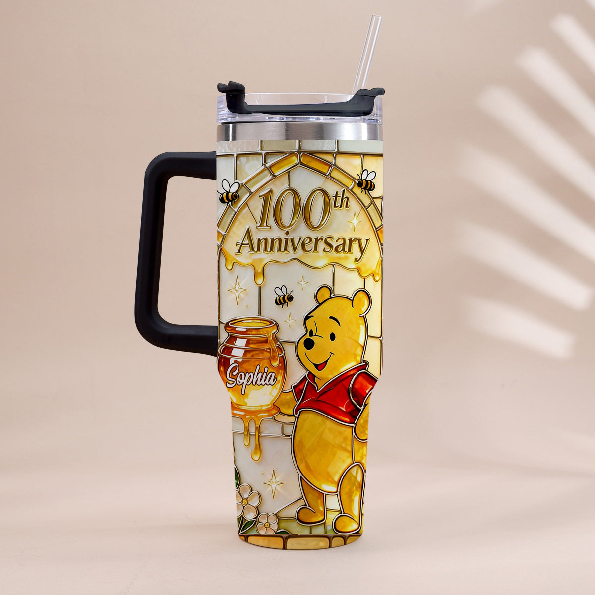 Honey Bear 100th Anniversary - Personalized Yellow Bear Tumbler With Handle