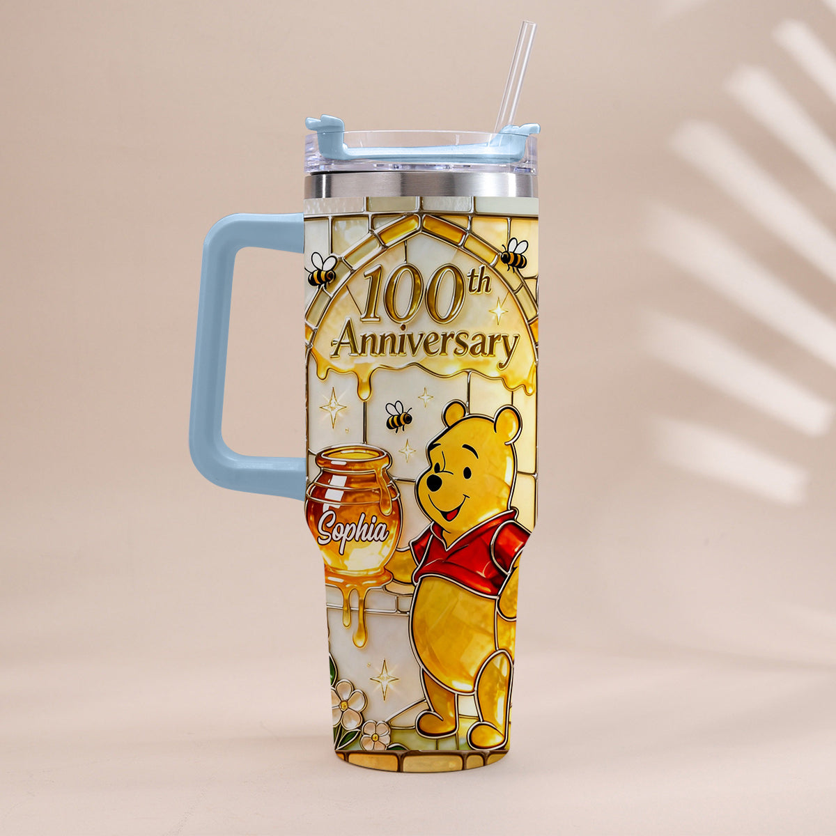 Honey Bear 100th Anniversary - Personalized Yellow Bear Tumbler With Handle