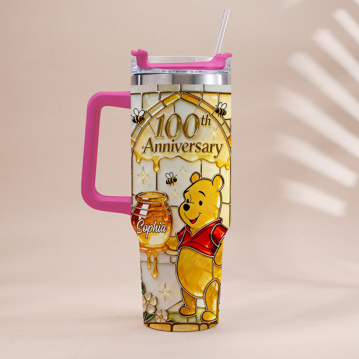 Honey Bear 100th Anniversary - Personalized Yellow Bear Tumbler With Handle