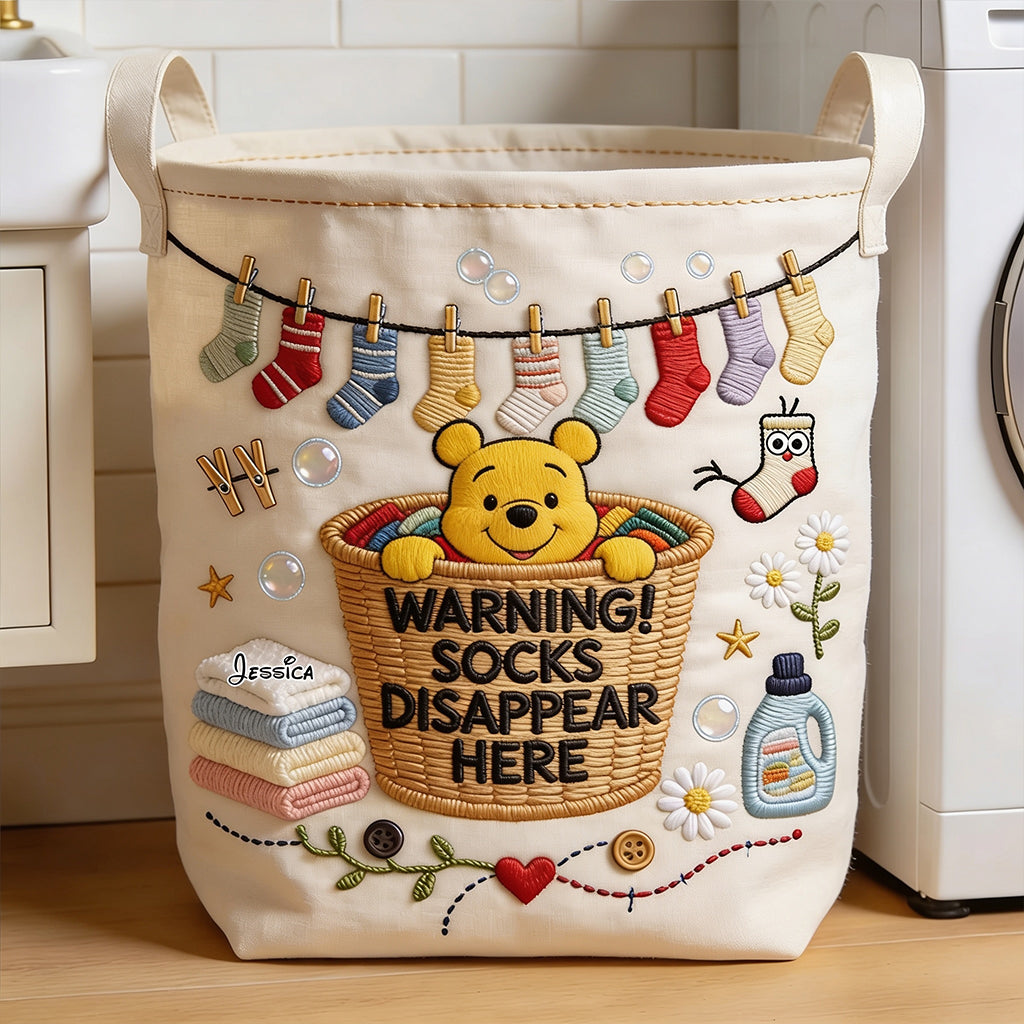 Socks Disappear Here - Personalized Yellow Bear Storage Basket