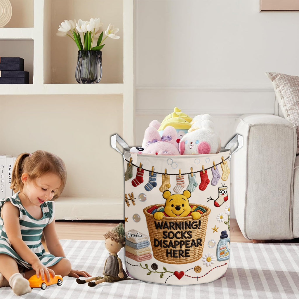 Socks Disappear Here - Personalized Yellow Bear Storage Basket