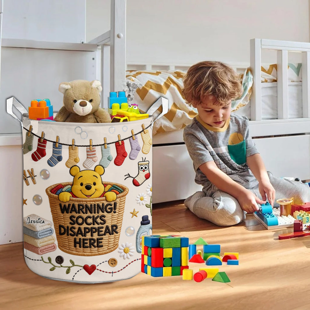 Socks Disappear Here - Personalized Yellow Bear Storage Basket