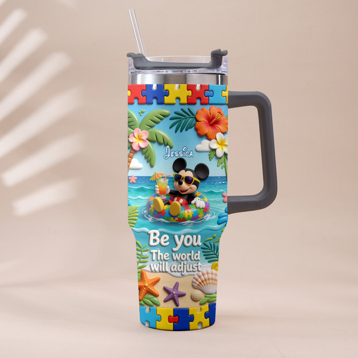 Be You The World Will Adjust - Personalized Autism Awareness Tumbler With Plush Charm