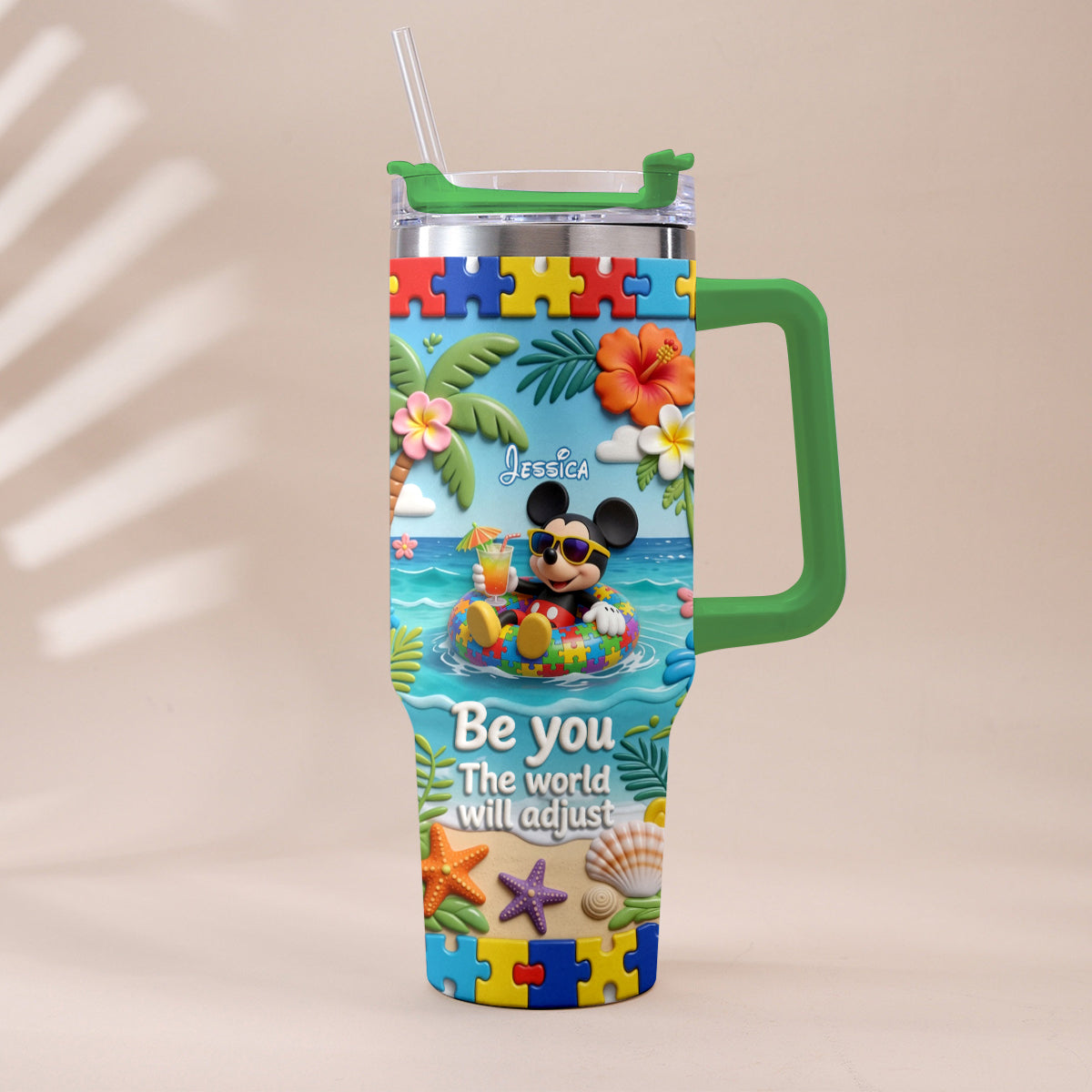 Be You The World Will Adjust - Personalized Autism Awareness Tumbler With Plush Charm