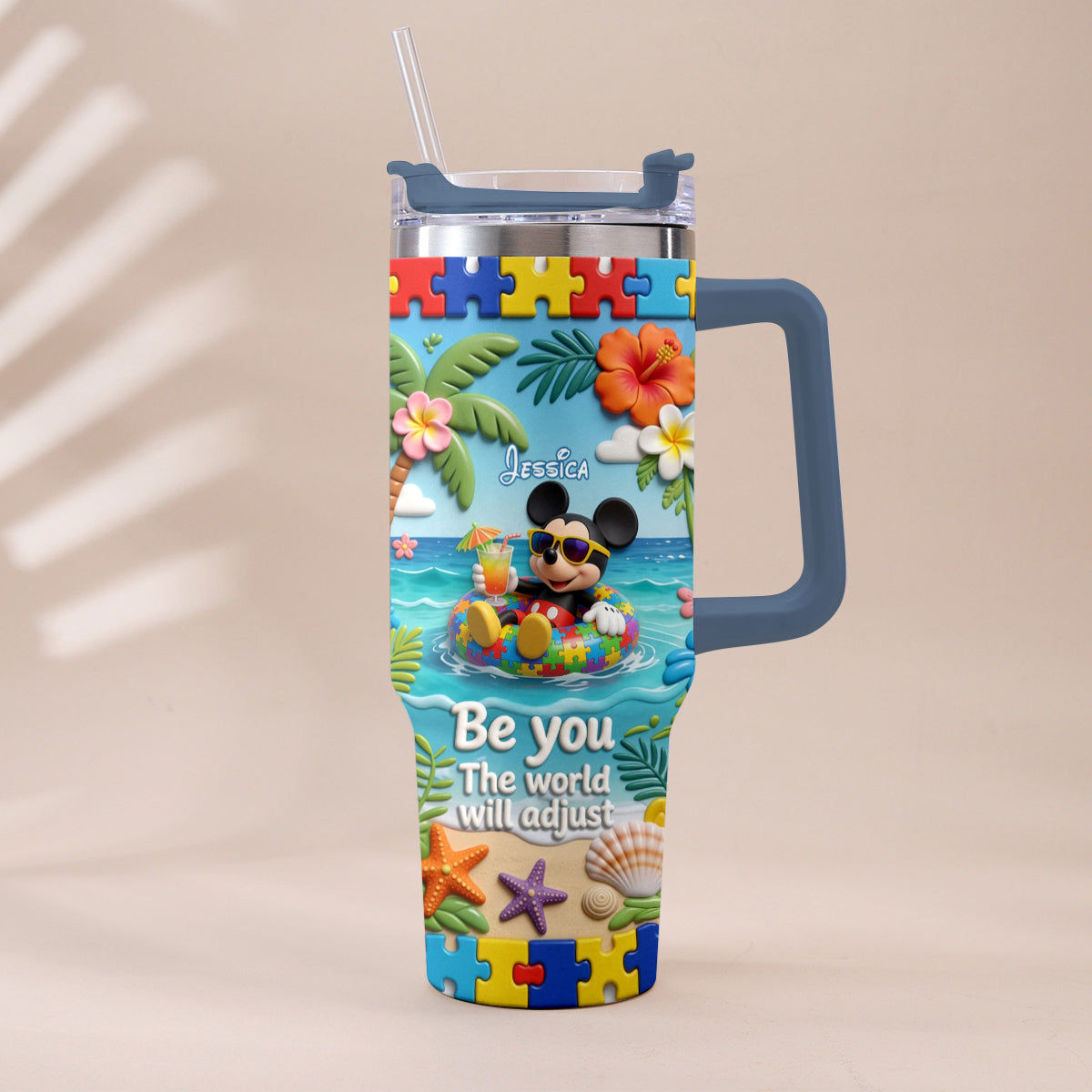 Be You The World Will Adjust - Personalized Autism Awareness Tumbler With Plush Charm
